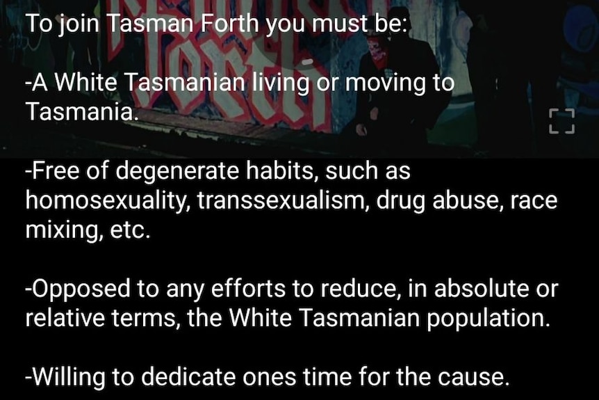A screenshot of the rules for the social media group Tasman Forth, which includes members must be a white Tasmanian.