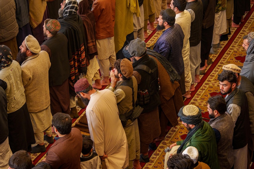 A group of Afghans stand in lines on the floor of a mosque for prayers in Kabul.