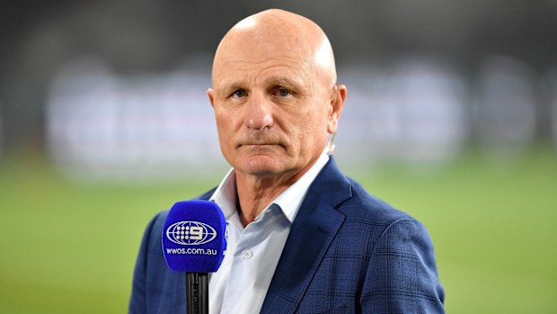 Parramatta legend Peter Sterling on commentary duties for Channel Nine during the NRL round 8 clash between the Parramatta Eels and North Queensland Cowboys at Bankwest Stadium on July 3, 2020. Picture: NRLPhotos/Gregg Porteous