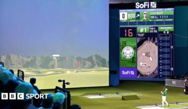 A representation of indoor TGL golf with a player hitting a shot at a simulator screen