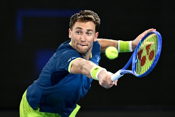 Casper Ruud of Norway plays a backhand.