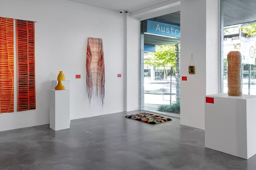 A series of artworks on display at a gallery, looking onto the gallery entrance and the street beyond.
