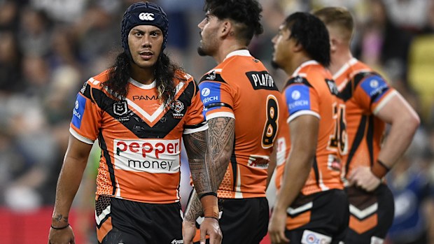 TOWNSVILLE, AUSTRALIA - MAY 31: Jarome Luai of the Tigers looks on during the round 13 NRL match between North Queensland Cowboys and Wests Tigers at Queensland Country Bank Stadium on May 31, 2025, in Townsville, Australia. (Photo by Ian Hitchcock/Getty Images)