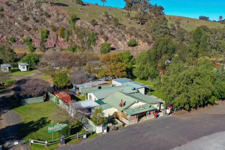 An aerial view of the Licola general store and caravan park. 