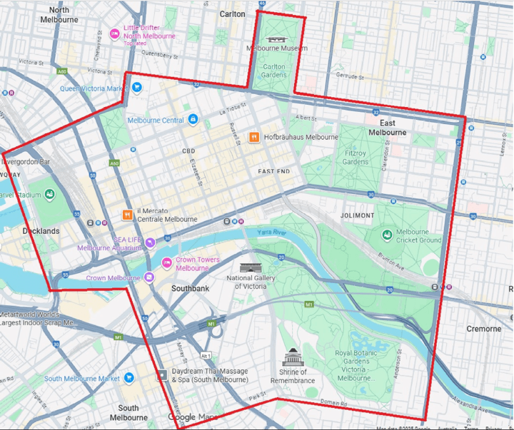 A map with an area of Melbourne highlighted.