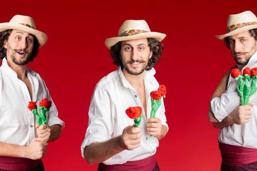 An image with three of the same man in different poses holding fabric roses