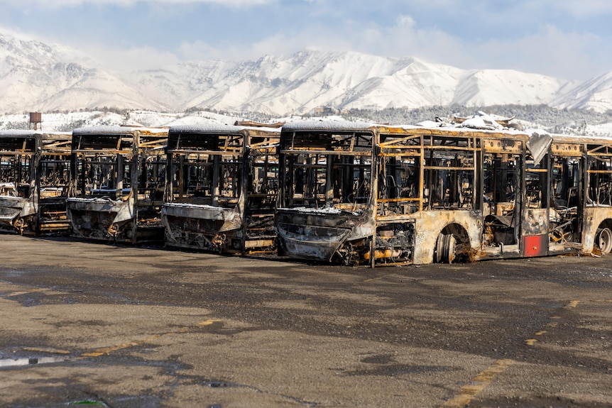 Burned out buses in front of Iran's mountains.