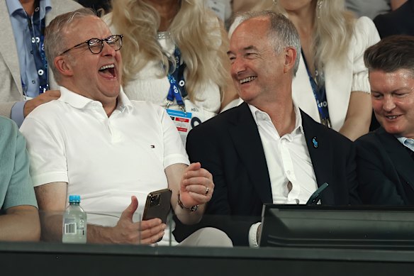 Prime Minister Anthony Albanese, Tennis Australia chair Chris Harrop (centre) and Deputy Premier Ben Carroll went the distance well into the night on Friday.
