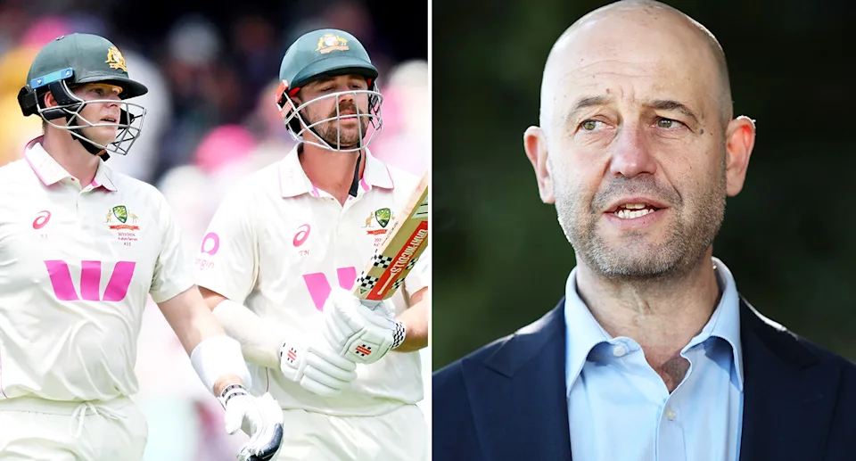 On the right is Cricket Australia boss Todd Greenberg and Aussies stars on left during the Ashes.