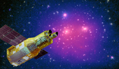 An illustration of XRISM studying dark matter around a galaxy cluster