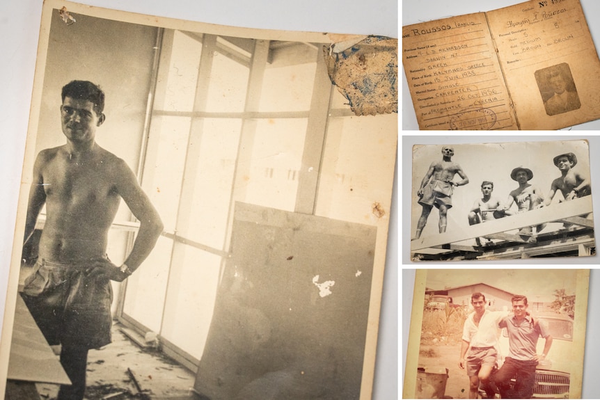 A three-image collage of printed images (dated / sepia toned) each featuring same man, often with one or a few others.