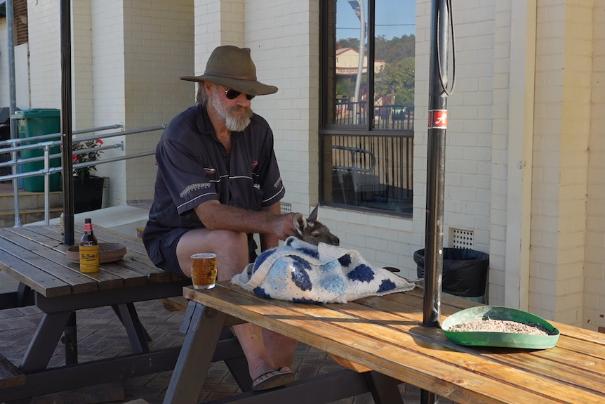 a man and a kangaroo sitting at a table