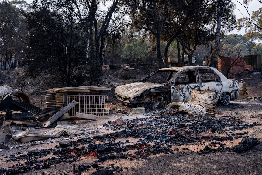 a white car has been completely burnt out by a fire