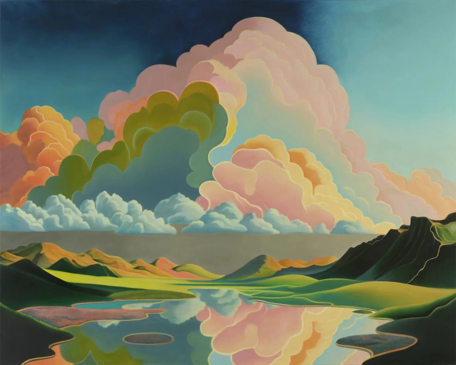A landscape painting by Gabe Benzur of a riverine scene with billowing pastel-colored clouds