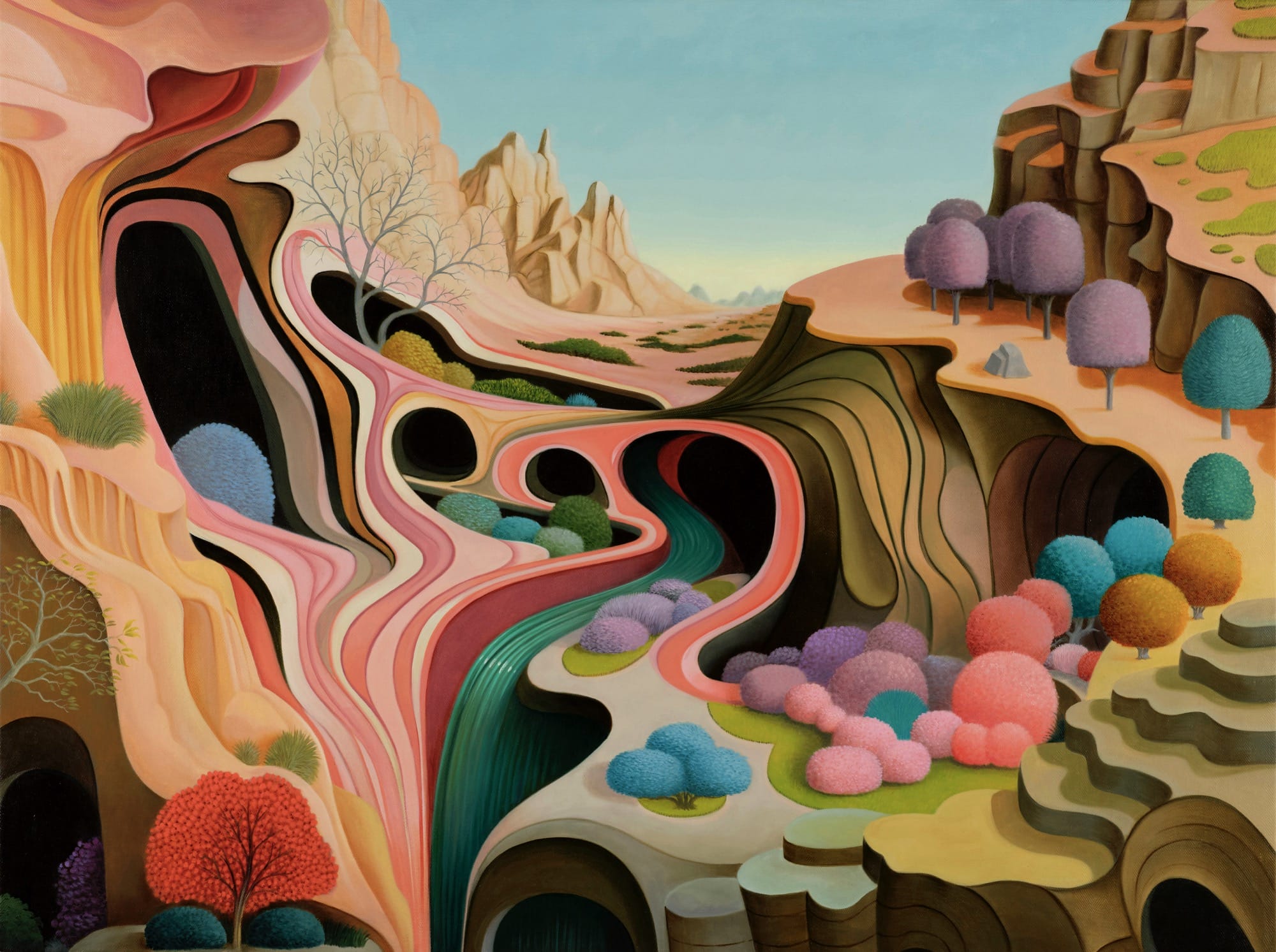 A surreal landscape painting by Gabe Benzur of different levels that appear to be sticky or melting