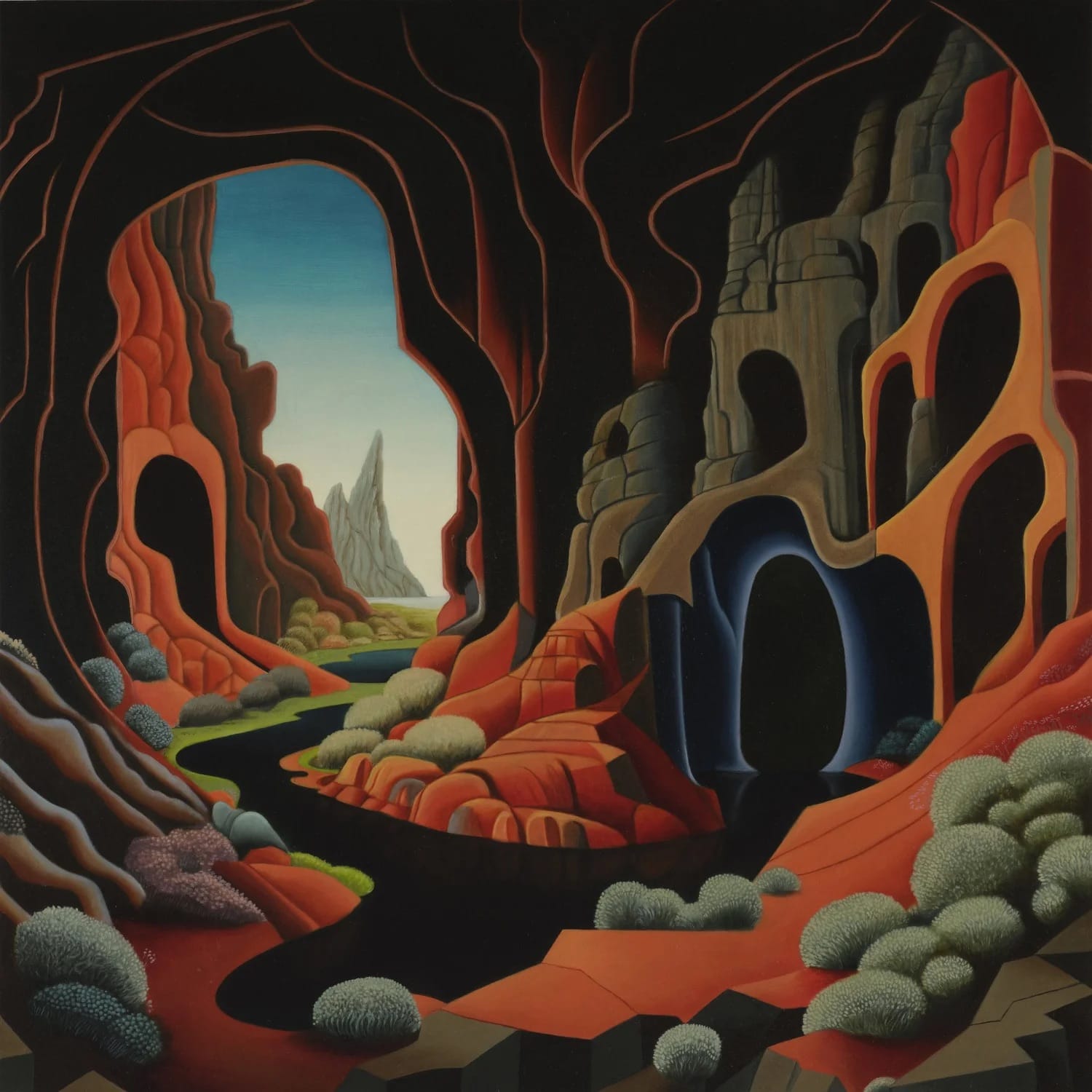 A surreal landscape painting by Gabe Benzur of a cave-like opening with a river running through it