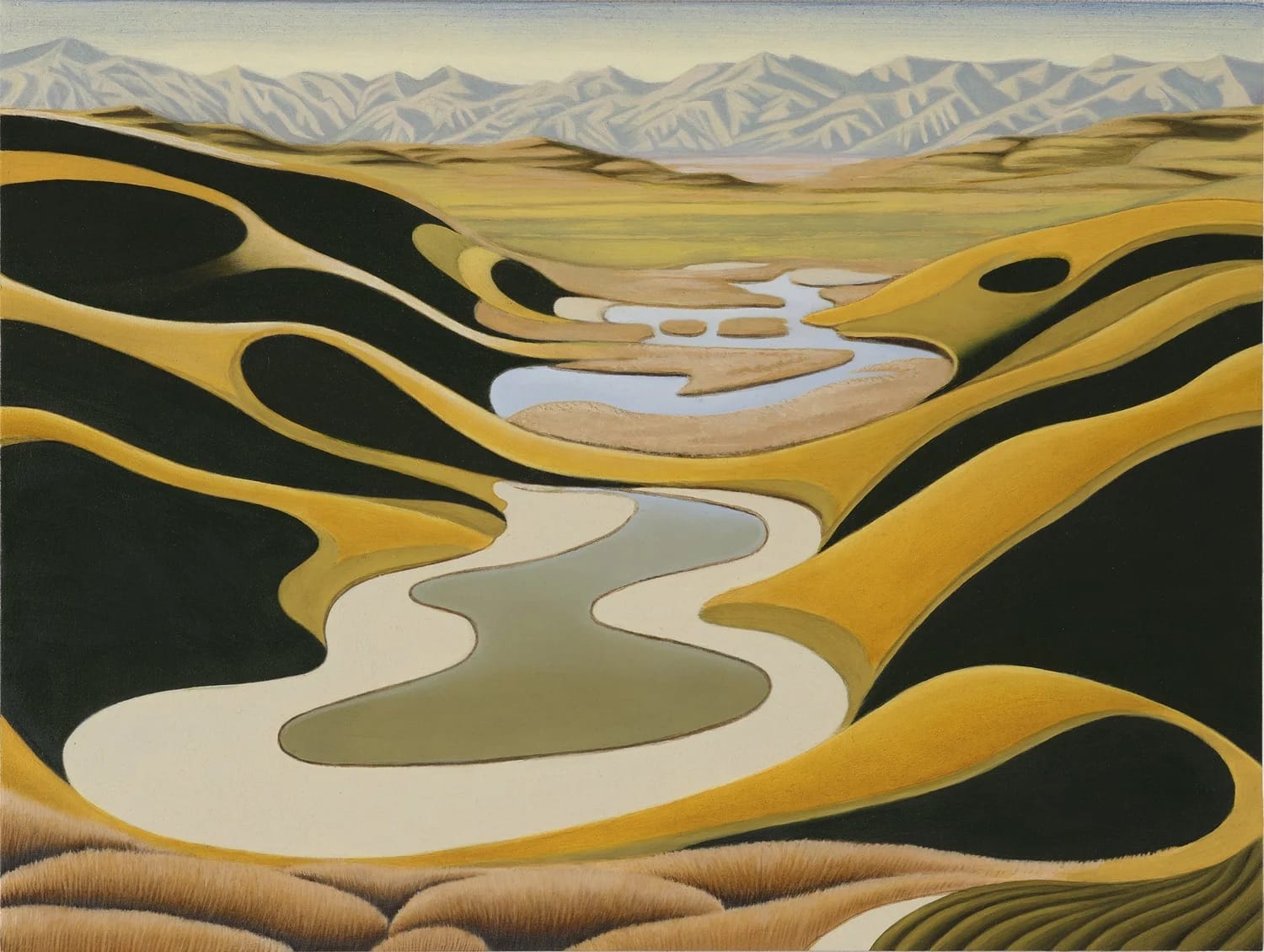 A landscape painting by Gabe Benzur of a surreal riverine, desert-like landscape with mountains in the background