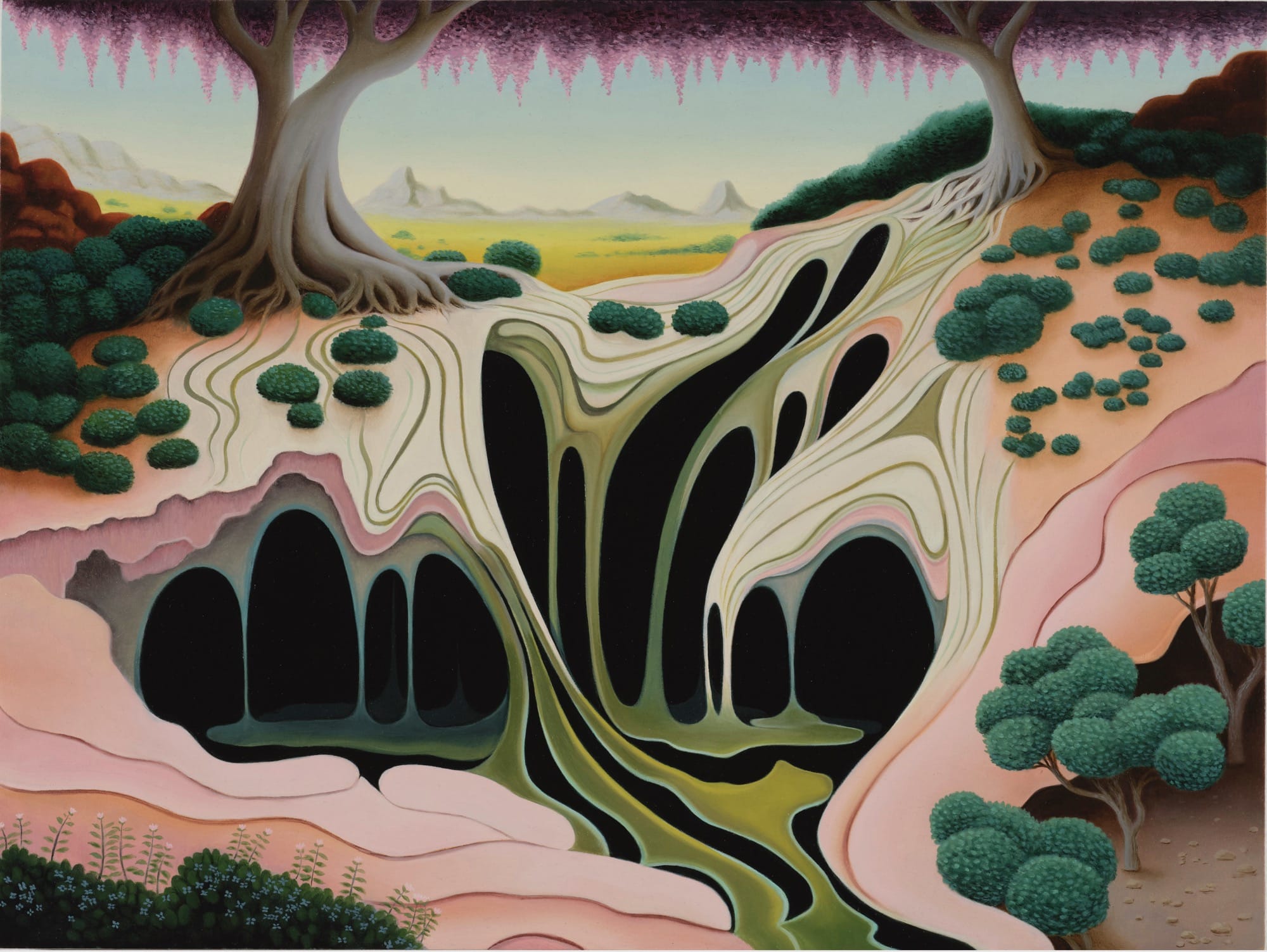 A surreal landscape painting by Gabe Benzur of different levels that appear to be sticky or melting