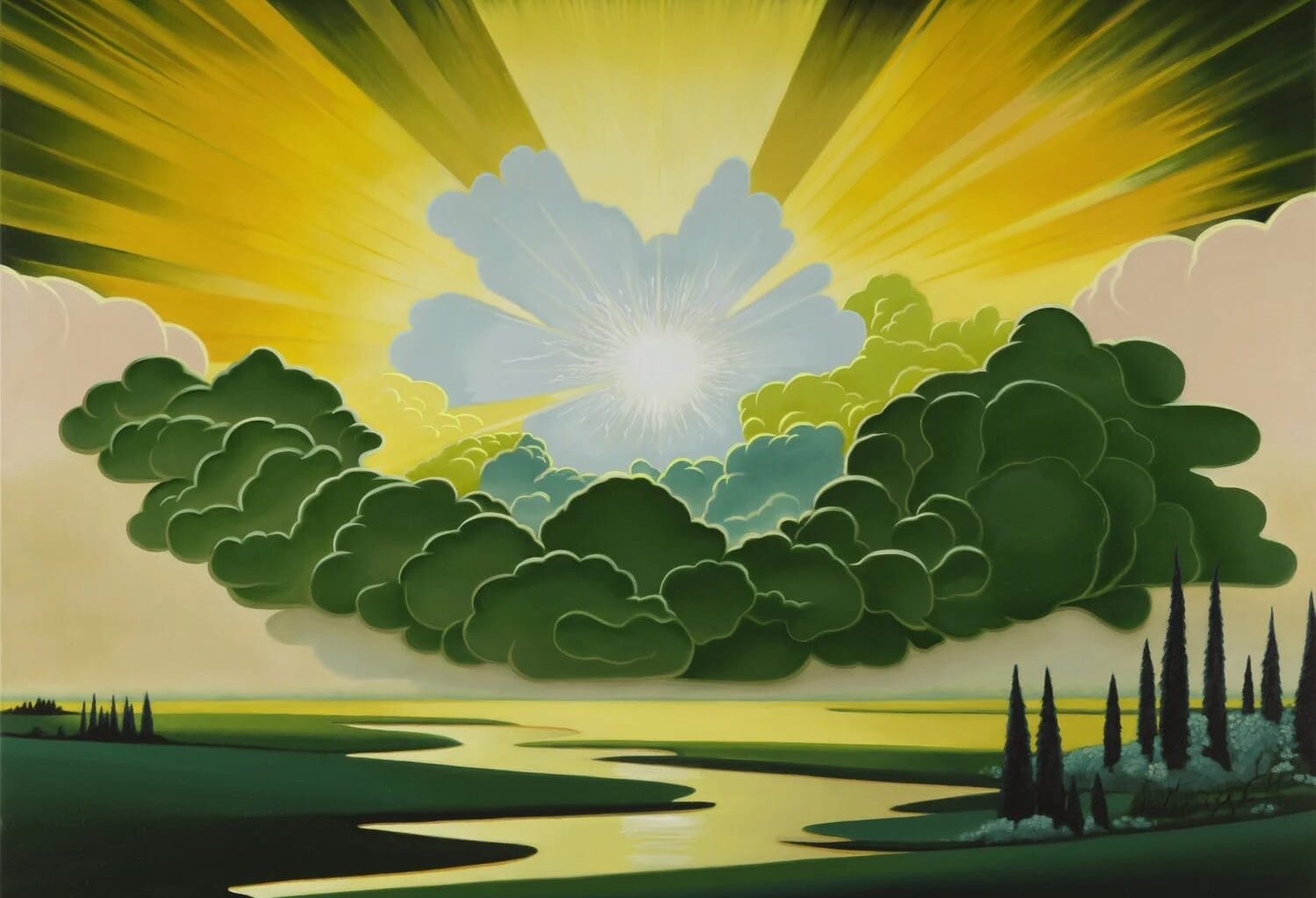 A landscape painting by Gabe Benzur of a riverine scene with the sun behind green clouds