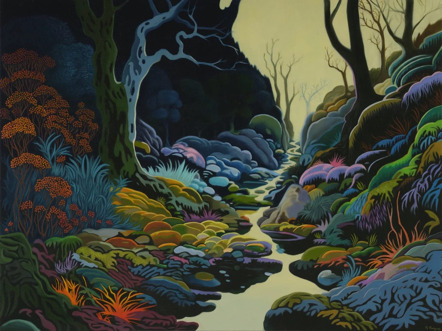 A landscape painting by Gabe Benzur of a riverine scene with trees and flowers along the bank