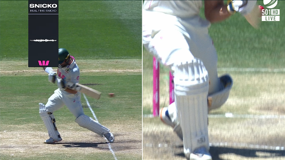 A split screen shot a Snicko murmur when the ball passes bat