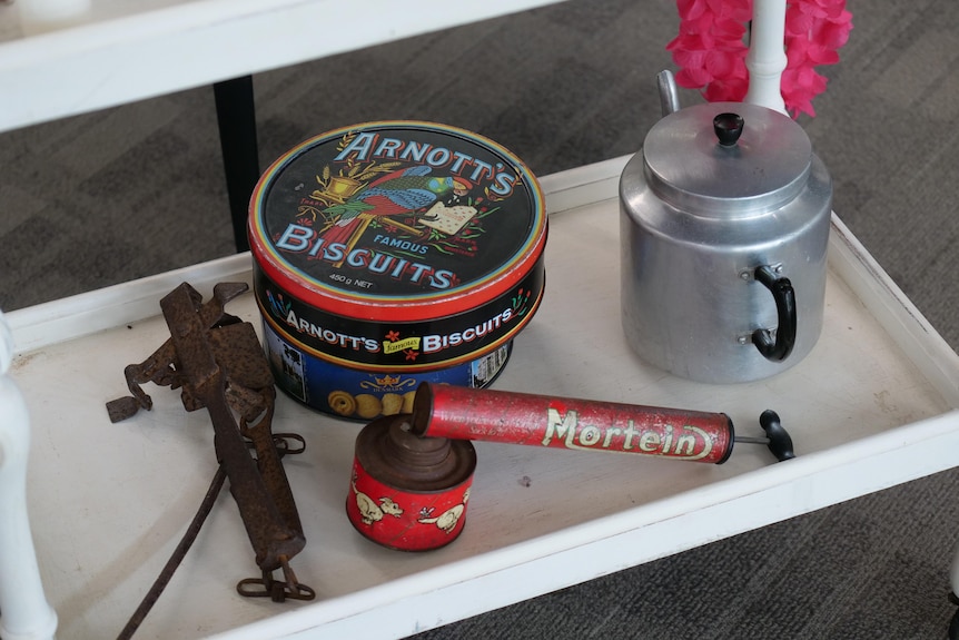 An old-fashioned Arnotts biscuit tin, teapot, Mortein fly spray and a rabbit trap.