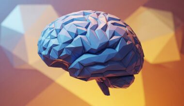 Futuristic low-poly illustration of a human brain with vibrant lighting and geometric background.