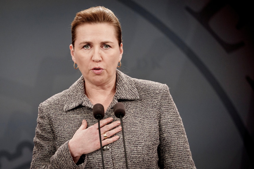 Danish Prime Minister Mette Frederiksen speaking at a press conference