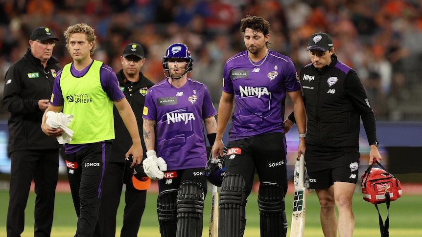 A Hobart Hurricanes cricketer looks down as he limps off the field with his batting partner and a medic next to him.