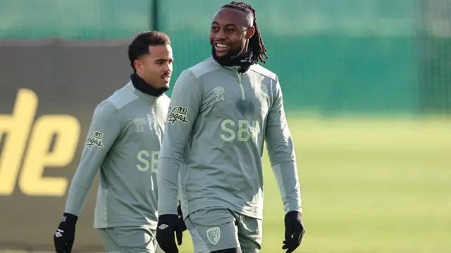 Antoine Semenyo smiling during a Bournemouth training session on New Year's Day.