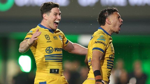 AUCKLAND, NEW ZEALAND - AUGUST 29: Isaiah Iongi of the Eels celebrates after scoring a try during the round 26 NRL match between the New Zealand Warriors and Parramatta Eels at Go Media Stadium on August 29, 2025, in Auckland, New Zealand. (Photo by Phil Walter/Getty Images)