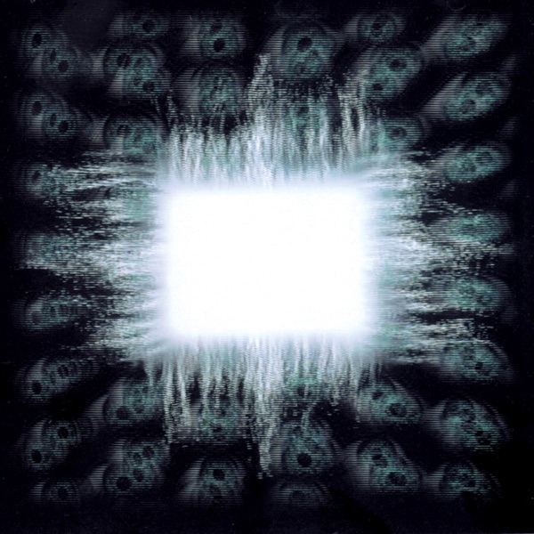 image of white, overlapping light forms a square tunnel around which multiple shifting eyes float