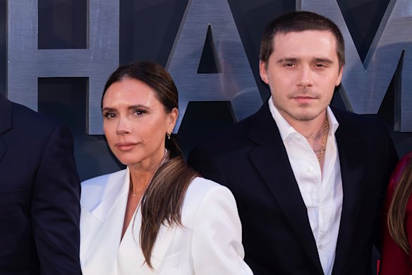 Victoria Beckham with son Brooklyn in London in 2023.