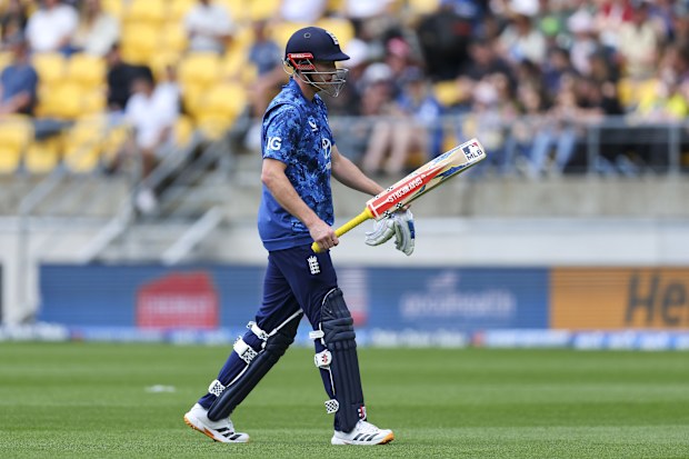WELLINGTON, NEW ZEALAND - NOVEMBER 01: Harry Brook of England leaves the field after being dismissed during game three in the One Day International series between New Zealand and England at Sky Stadium on November 01, 2025 in Wellington, New Zealand. (Photo by Hagen Hopkins/Getty Images)