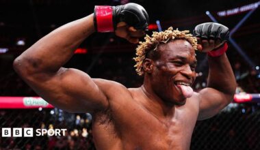 Ateba Gautier celebrates after a win in the UFC