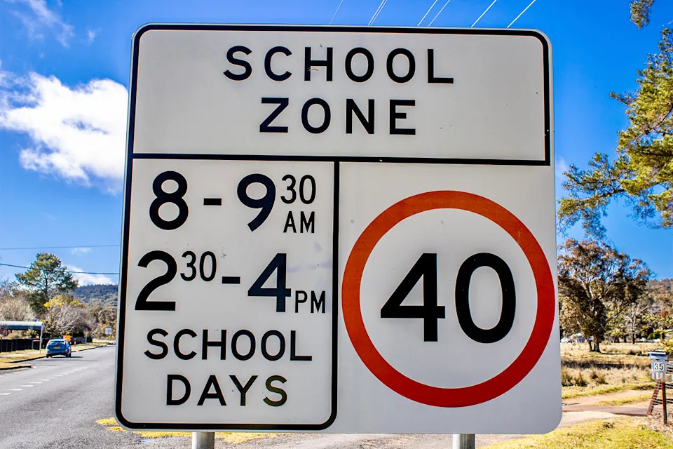 View of a School Zone Sign, 40km an hour, at Emmaville, New South Wales, Australia
