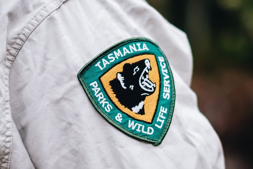A beige shirt with a green batch on the sleeve that reads 'Tasmania Parks & Wildlife Service'.