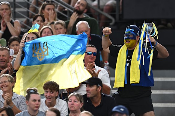 Ukrainian fans in the crowd at the women’s Brisbane International final.