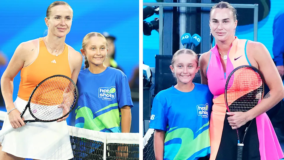 Elina Svitolina (pictured far left) and Aryna Sabalenka (pictured far right) both took pictures with the fan separately at the Australian Open. (Images: Getty Images)