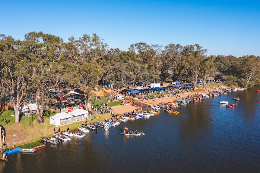 A river with Mallee trees, a sand bar, and dozens of ski racing boats and people