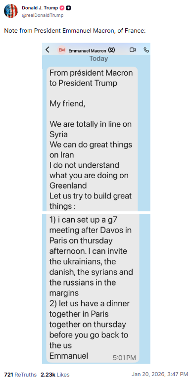 Two text messages from Emmanuel Macron, offering to organise a G7 meeting, among other affairs