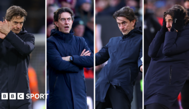 A split image showing four pictures of Thomas Frank reacting during Tottenham's Premier League game at Burnley