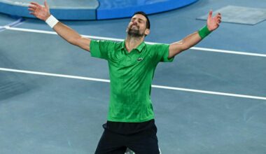 TOPSHOT - Serbia's Novak Djokovic celebrates victory over Italy's Jannik Sinner after their men's singles semi-final match on day thirteen of the Australian Open tennis tournament in Melbourne on January 31, 2026. (Photo by WILLIAM WEST / AFP) / -- IMAGE RESTRICTED TO EDITORIAL USE - STRICTLY NO COMMERCIAL USE --