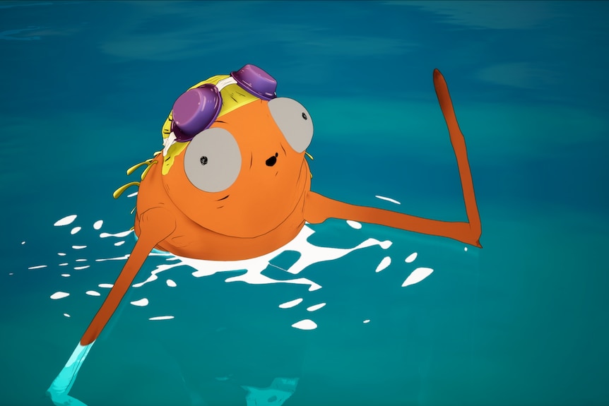A film still of an animated flea in the ocean. The flea wears a yellow swimming cap and goggles.