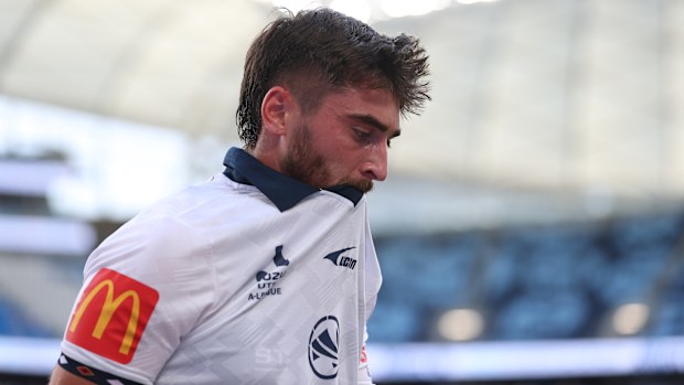 Adelaide United's Joshua Cavallo leaves the field during the round 17 A-League Men match against Sydney FC at Allianz Stadium in 2024.