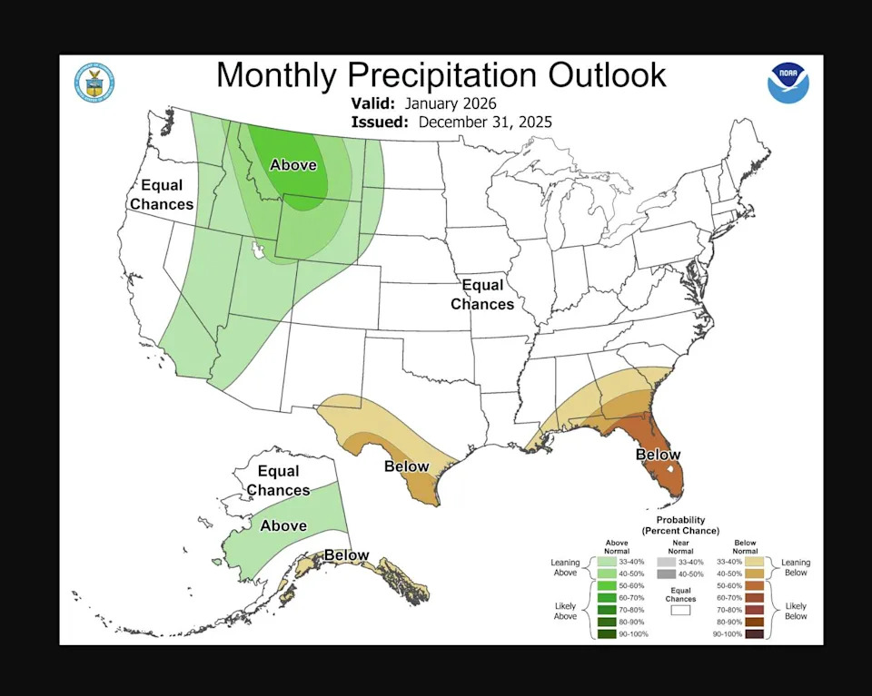 The January precipitation outlook from NOAA shows little to no precipitation in California. But also comes with a high degree of uncertainty. (NOAA)