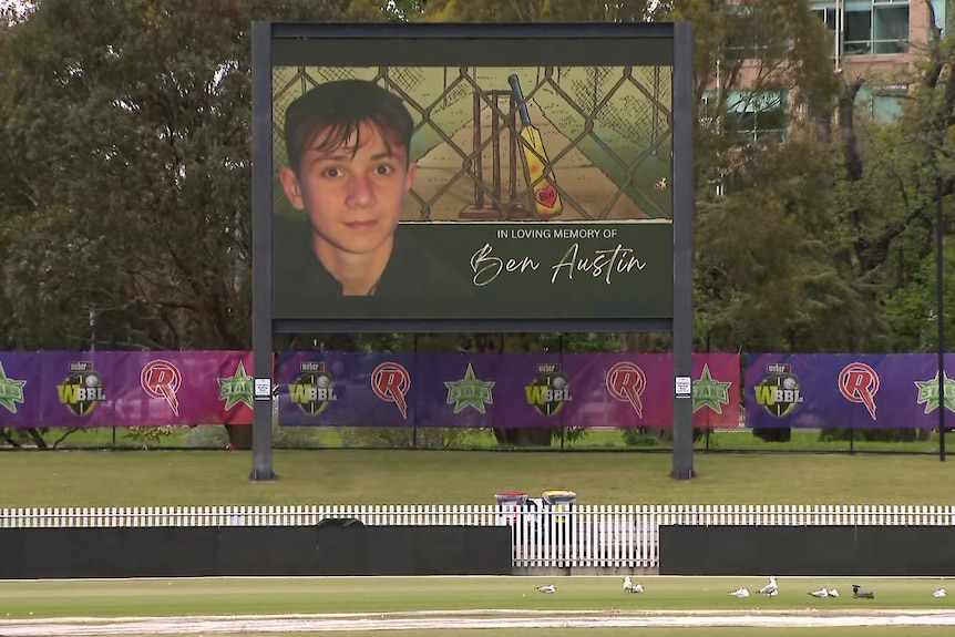 A photo of Ben Austn is displayed on a cricket scoreboard.