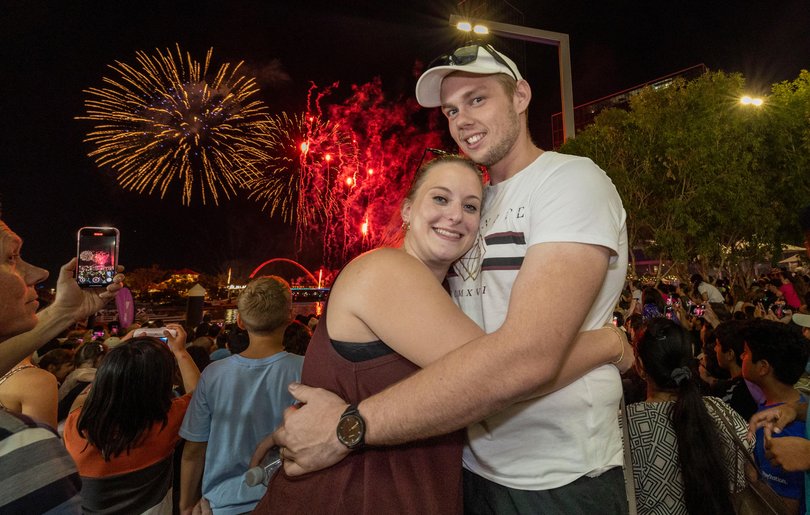 Emily and Brandon McNally, who just immigrated from the USA, watched the New Years Eve firework display at Elizabeth Quay.