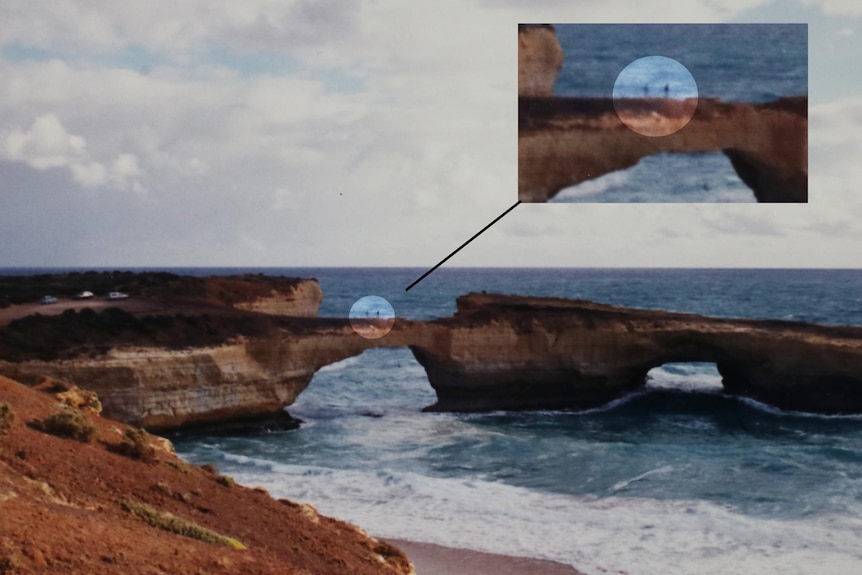 London Bridge before collapse with two distant figures silhouetted on bridge. Edited with pull out zoomed in section of figures.