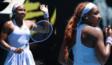 Coco Gauff wears a New Balance custom tennis kit on court for the Women's Singles First Round against Kamilla Rakhimova of Uzbekistan during day two of the 2026 Australian Open at Melbourne Park on Jan. 19 in Melbourne, Australia.
